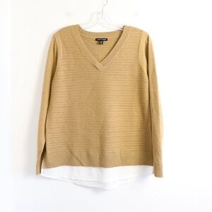 Hilary Radley camel tan knit top longsleeve sweater mixed fabric V-neck large L
